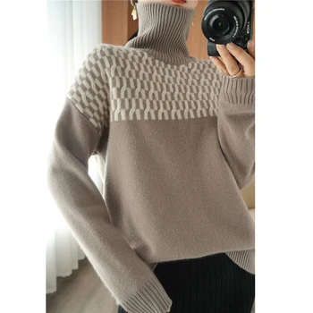 2020 kašmyro megztinis moterims laisvi ir plonas kabelis kontrastas grynos vilnos megztinis megztinis dugno marškinėliai