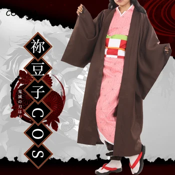 Anime Demon Slayer Kamado Nezuko Cosplay Kostiumai, Kimetsu Nr. Yaiba Moterų Rožinės spalvos Kimono Halloween Kostiumai Moterims
