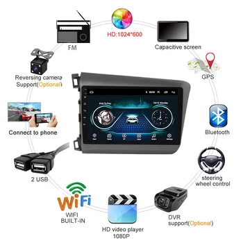 10.1 colių Android 9.1 Automobilio Radijo Honda Civic 2012 m. 2013-m. multimedijos žaisti GPS Navigacija stereo, Veidrodines nuorodos WIFI BT FM