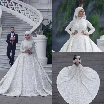 2020 Balta Musulmonų Nuotakos Suknelės Kamuolys Suknelė Appliques Su Hijab ilgomis Rankovėmis, Aukštu Kaklu Nuotakos Ilgai Chalatai فساتين زفاف