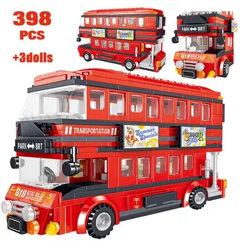 398PCS Lepining Miesto Mokyklos Autobusas Blokai Žaislai Vaikams įrangos pardavimas, biuro įrangos Raudona dviaukštė Autobusų Plytų Nušvitimą Žaislai, Vaikų Dovanų