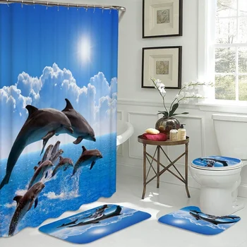 3D Dramblys Spausdinti Vonios Rinkiniai Vandenyno Delfinų Giliai Jūros Dušo Užuolaidos Su 12 Kabliukų Pjedestalo Kilimas Tualeto Dangčio Dangtelis Vonios Kilimėlis Rinkinys