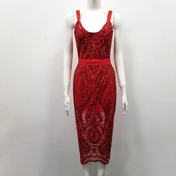 Aukščiausios Kokybės Raudoni Nėriniai Rankovių V-kaklo Blizgučiais Tvarstis Suknelė Vakare Šalies Bodycon Suknelė