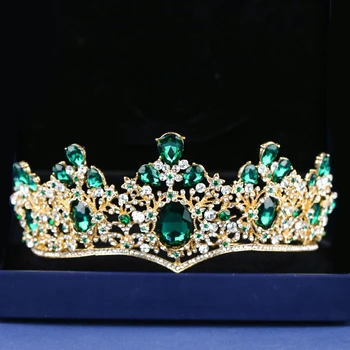Baroko Aukso Karūną & Tiara Nuotaka Kaspinai Green Crystal Crown Kalnų Krištolas Plaukų Papuošalai Inscenizacija Prom Moterų Galvos Priedai
