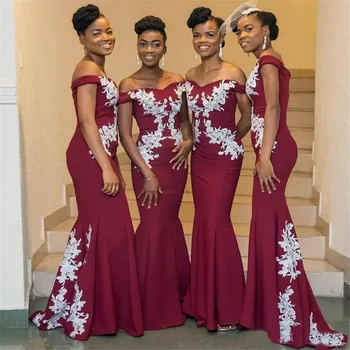 Didmeninė Bordo Afrikos Bridesmaid, Suknelės, Plius Dydis Nuo Peties Balta Nėrinių Undinė Vestuvių Svečių Suknelė Pigiai
