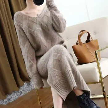 Geriausiai parduodamas naujas kašmyro ponios V-kaklo, laisvi megztiniai megztinis megztinis padalinta mados maišelį klubo sijonas Aukštos kokybės FRSEUCAG drabužiai