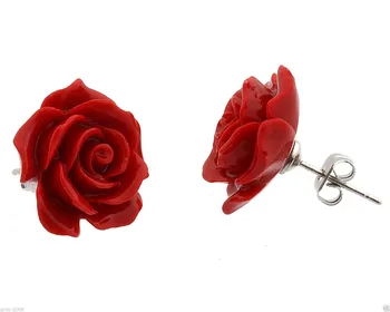 Karšto parduoti naujas - bižuterijos 12mm Koralų Raudona Rožė Gėlių 925 Sterlingas Sidabro Auskarai