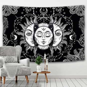 Mandala gobelenas balta juoda saulė ir mėnulis gobelenas sienos kabo Bagua gobelenas Hipių gobelenas bendrabutyje apdailos antklodė