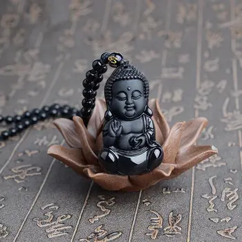 Natūralus Juodas Obsidianas, Išraižytas Kūdikių Buda Pakabukas Su Pasisekė Amuletas Moterų Pakabukas Karoliai Populiarus Priedai