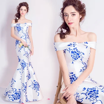 Naujas Kinų Stiliaus Valtis Kaklo Išskirtinį Siuvinėjimo Mėlynos ir Baltos spalvos Porceliano Liesas Undinė Mamos Suknelė 69