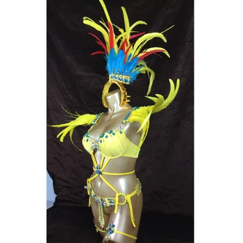 Nemokamas pristatymas 2016 Seksualus Samba Rio de žaneiro Karnavalas Kostiumas karšto pardavimo naujas pilvo šokių kostiumą su geltonos spalvos Plunksnų Galvos gabalas