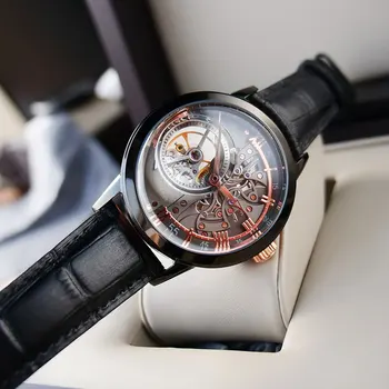OBLVLO Mados Dizaineris Laikrodžiai Vyrams Skeletas Ciferblatas Juodas Plieno Automatinis Laikrodžiai natūralios Odos Dirželis VM 1