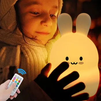 Palieskite Jutiklio Triušis RGB LED Nakties Šviesos Nuotolinio Valdymo Pritemdomi Laikmatis USB Įkrovimo Silikono Katytė Lempa Vaikams Baby