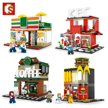 Sembo Blokuoti Mini Miesto Gatvės Scena Parduotuvėje Miniatiūrų Kūrimo Bloką, Kavos, Greito Maisto Apple 3D Modelį Plytų Žaislas Vaikams