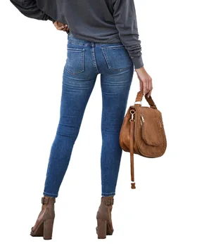 Skinny Džinsai Moterims Ruožas Solid Blue Jeans Moteris Slim Fit Denim Pencil Kelnes Femme Vaqueros Mujer Streetwear Jean Kelnės