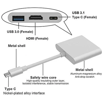 USB 3.1 Tipas-C Hub Į HDMI Adapteris 4K USB C Hub su Hub 3.0 