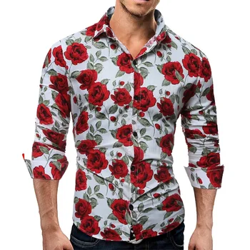 Vyriški ilgomis Rankovėmis Atsitiktinis Marškinėliai Mados Rožių Gėlių 3D Spausdinimo Gėlių Marškinėliai Turn-žemyn Apykaklės Slim Fit Shirt Mens Drabužiai