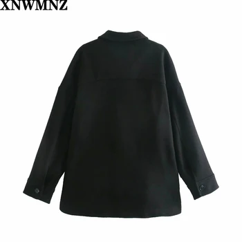 XNWMNZ Za Mados vilnos mišinys overshirt Moterų derliaus ilgai manžetai rankovėmis kišenės asimetriškas hem skeltukais iš kailio viršutiniai drabužiai striukė