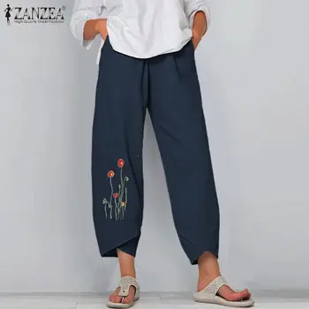 ZANZEA Moterų Derliaus Haremo Kelnės Rudenį Kelnės Gėlių Siuvinėjimas Pantalon Atsitiktinis Palaidų Ropė Medvilnės Skalbiniai Palazzo Streetwear