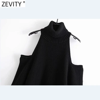 Zevity Naujas Moterų Mados Golfo Off Peties Kietas Laisvalaikio Mezgimo Megztinis Femme Prašmatnus Tuščiaviduriai Iš Dizaino Puloveriai Viršūnes S577